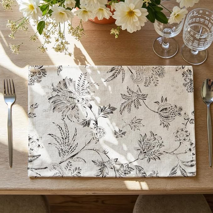 JINCHAN Sliva Linen Floral Placemats Set of 4 Farmhouse 13x19 Inch Grey | by JINCHAN