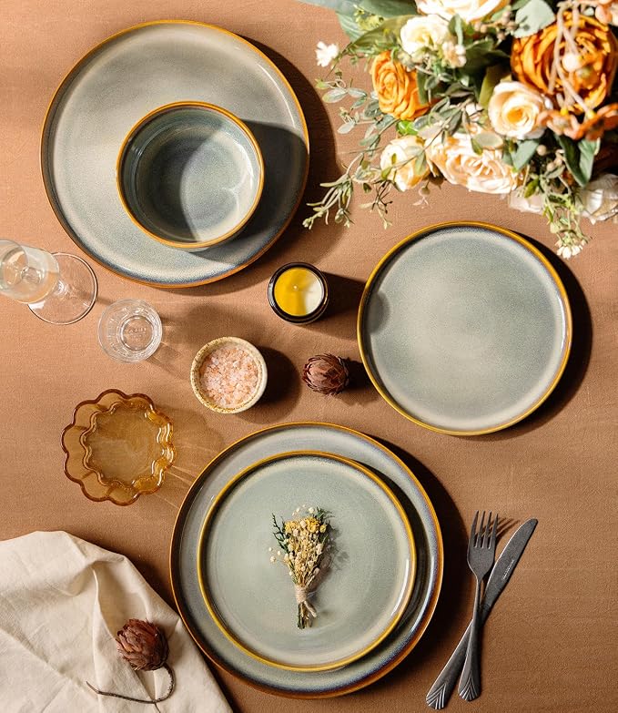 Ceramic Dinnerware Set for 4, 12-Piece Plates and Bowls Set | Handmade Reactive - Image 3