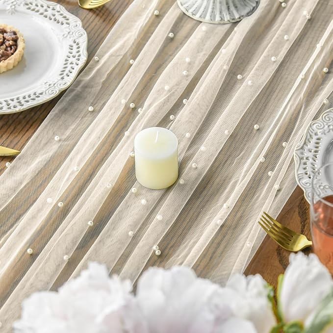 Artoid Mode 10PCS Pearl Beige Gauze Table Runner 120 Inch 10FT, Seasonal Sheer - Image 4