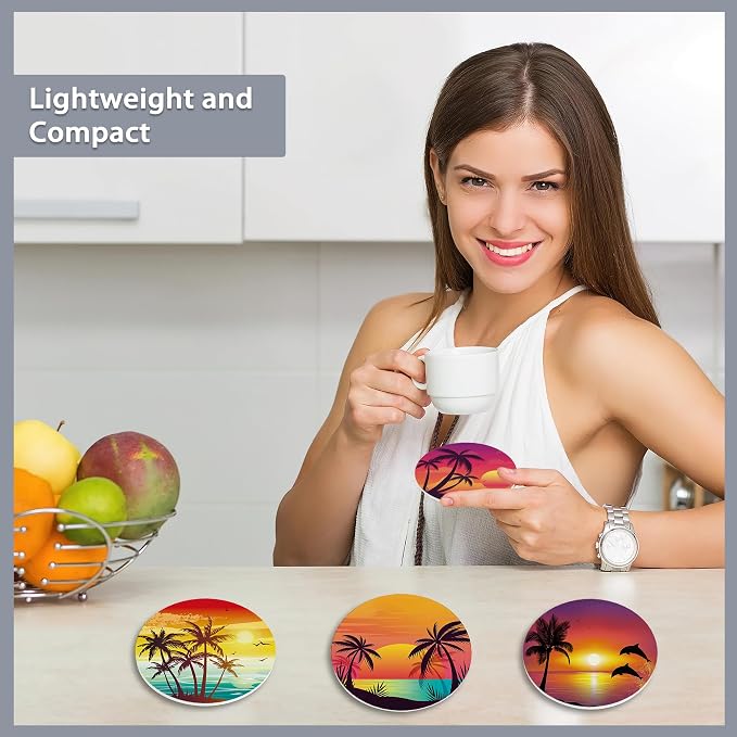 Drink Coasters Set of 6 with Holder, Beach Palm Trees Sunset Landscape - Image 6