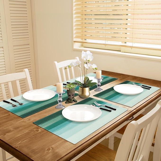 Emvency Farmhouse Placemats Set of 4, 12x18 Inch, Abstract Teal Striped | - Image 5