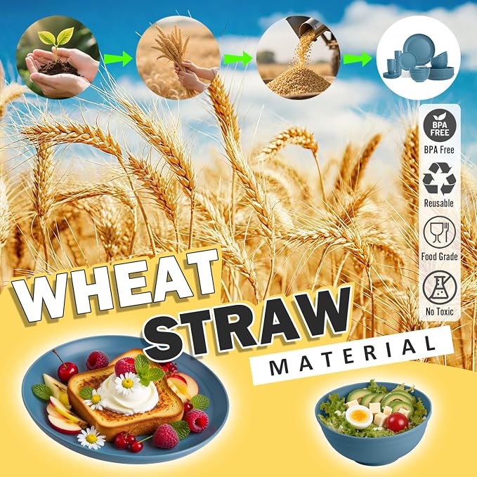 Wheat Straw Dinnerware Sets, Unbreakable Lightweight Reusable Plates and Bowls - Image 5