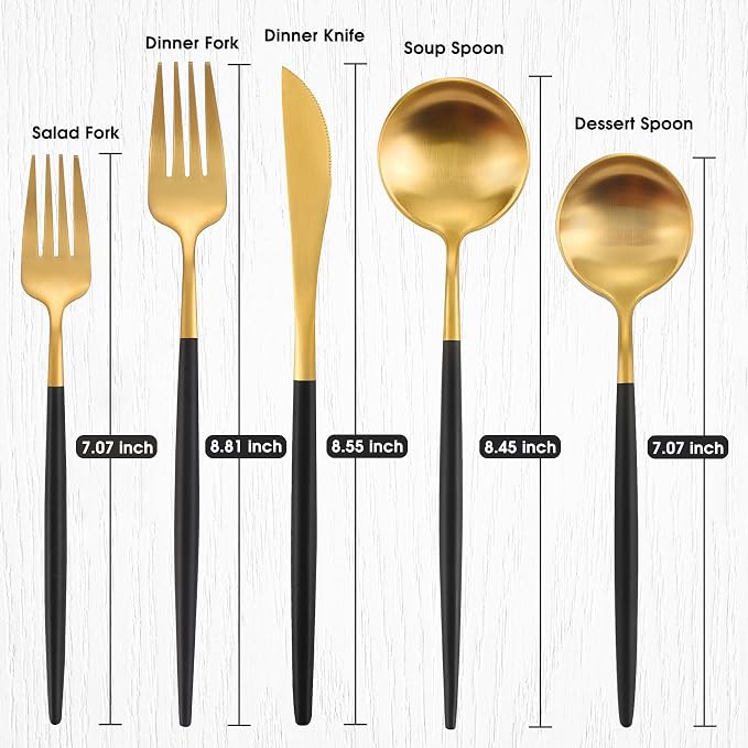 Matte Gold Silverware Set With Black Handle, IBIILII JEFF 40 Pieces Stainless - Image 2