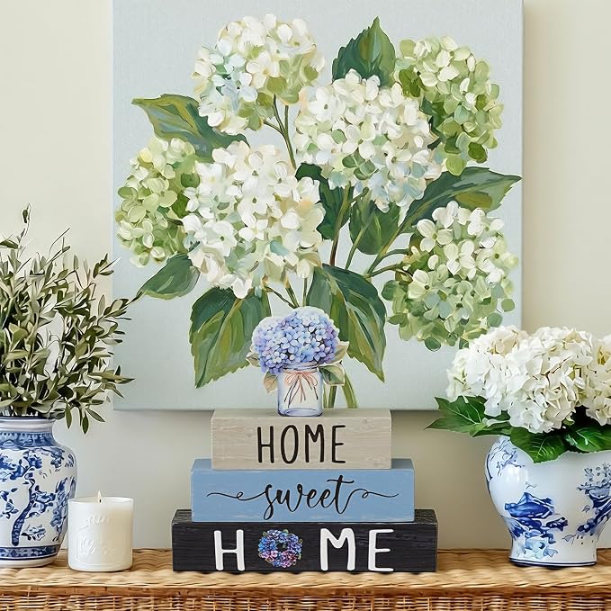 Cinnvoice 4 Pcs Farmhouse Wooden Tabletop Decor Blue Hydrangea Spring Rustic - Image 6