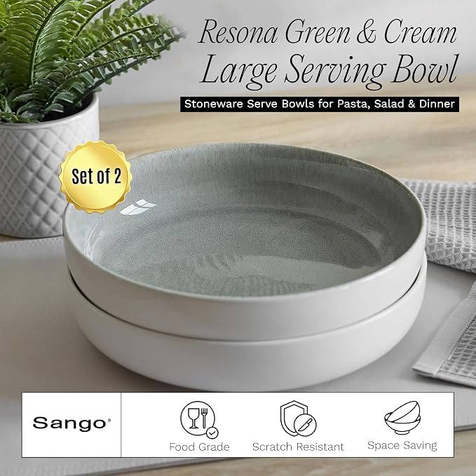 SANGO Resona Moss Large Serving Bowl, 64.25 oz, Salad & Dinner, Big Ceramic - Image 2