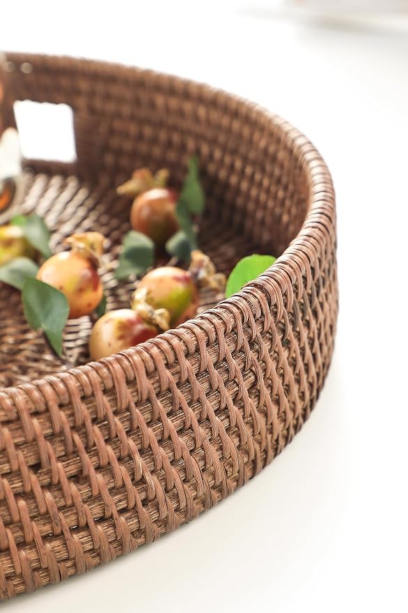 HITOMEN 14.2" Hand-Woven Round Rattan Serving Tray Decorative Ottoman Wicker - Image 5