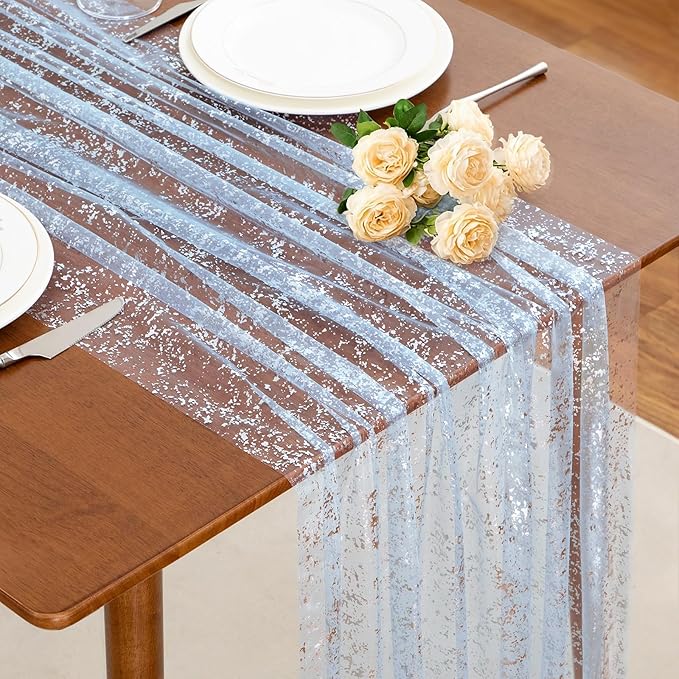 SiinvdaBZX Light Blue Sheer Tulle Table Runner 120 Inch/10 Ft Long | Gauze by SiinvdaBZX