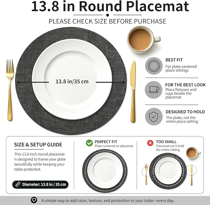 Maxpearl Faux Leather Round Placemats Set of 6, 13.8 inch, Dark Grey | - Image 3