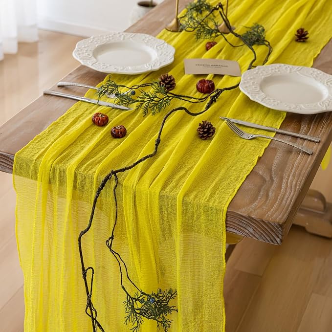 Yellow Cheesecloth Summer Table Runner 120 Inches by KEKETOARRANGE