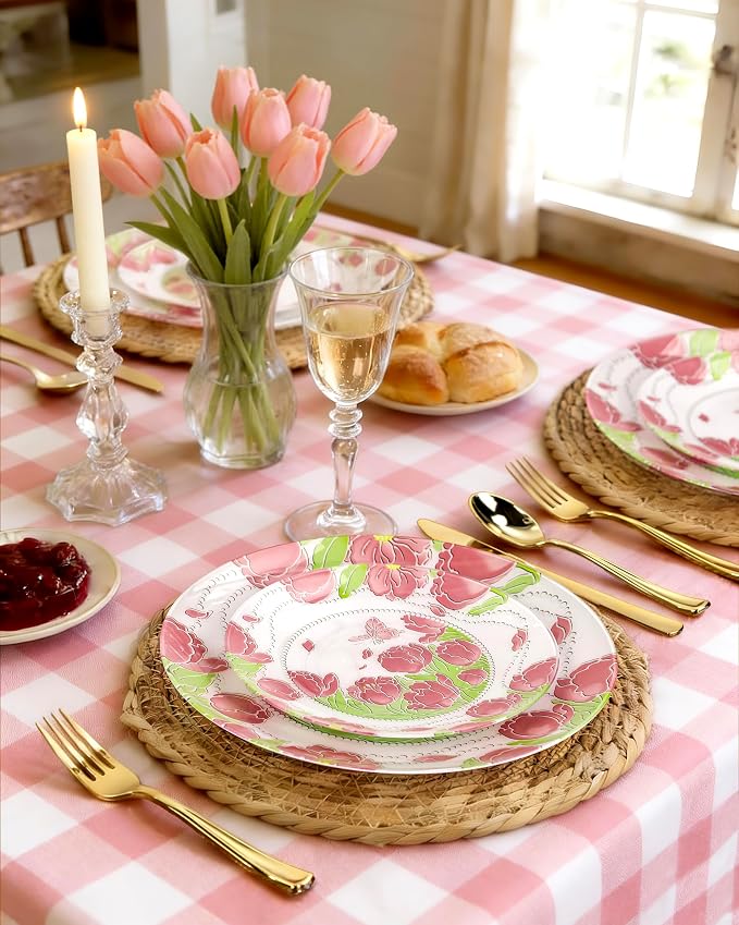 60 Pcs Disposable Plates, Pearl Trim | Elegant pink tulip & butterfly pattern - Image 6