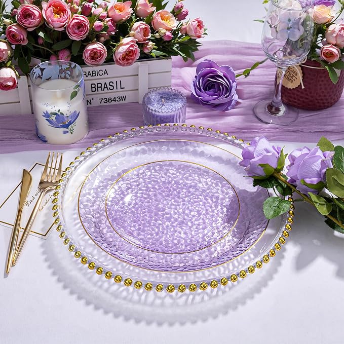 Rubtlamp 100Pcs Purple Gold Plastic Plates, Hammered Plastic plates Include 50 - Image 4