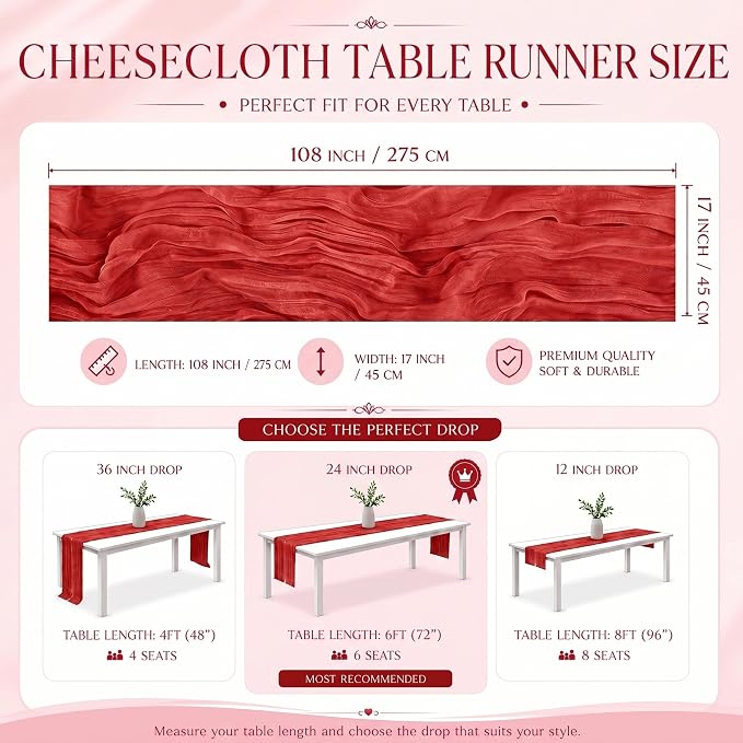 12 Pack Red Cheesecloth Table Runner 17x108 Inch Boho Rustic Semi Sheer Gauze - Image 3