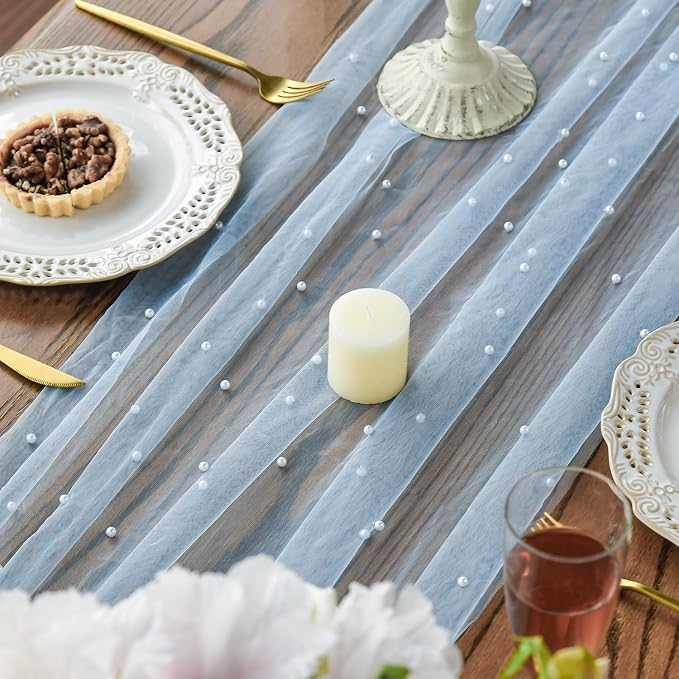 Artoid Mode Pearl Blue Gauze Table Runner 59x120 Inch, Seasonal Sheer Kitchen - Image 6