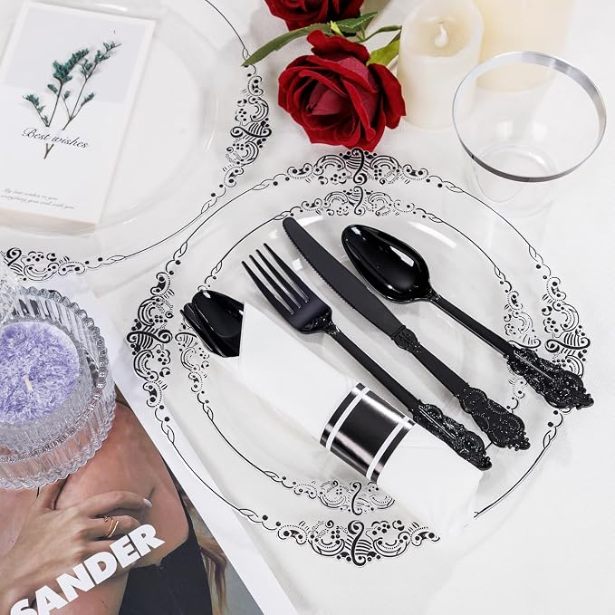 350 Pcs Clear Black Plates for Party | Black Party Plates Set for 50 Guests - Image 3