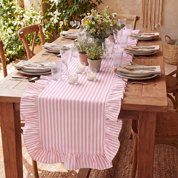 HunnmingRe Ruffle Trim Boho Table Runner Farmhouse Rustic Stripes Scalloped - Image 4