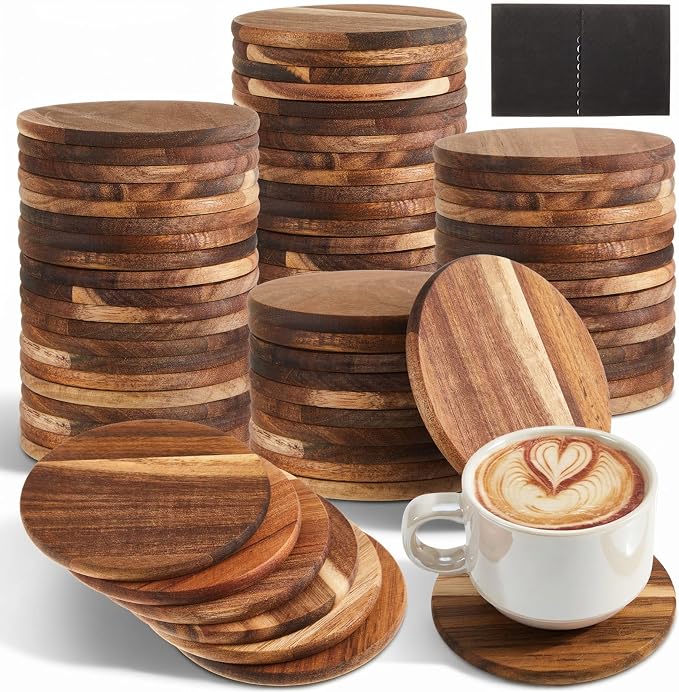 72 Pcs Unfinished Acacia Wood Coasters Bulk, 4 Inch Round Wooden Coasters by Ferrochef