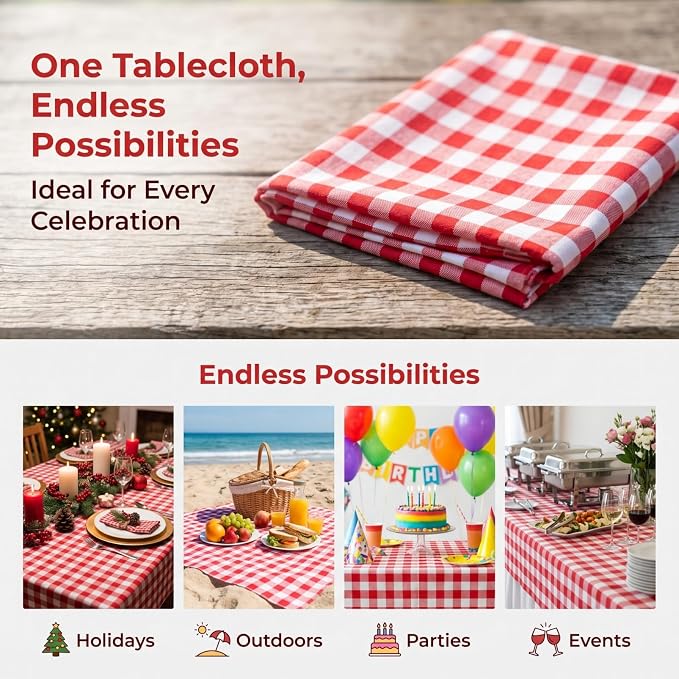 ShinyBeauty 60"x120" Red and White Rectangle Tablecloth Checkered Gingham | Red - Image 5