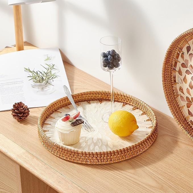 Kmelep Round Rattan Tray with Mother of Pearl Inlay, Rattan Serving Tray with - Image 3