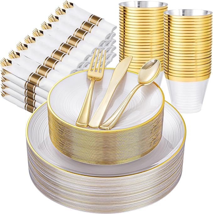 Morejoy 350PCS Pearl White and Gold Plastic Plates by Morejoy
