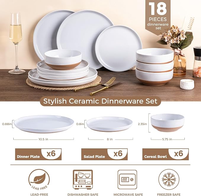 AmorArc Dinnerware Sets for 6, 18 Pieces Ceramic Plates and Bowls Set | Scratch - Image 3