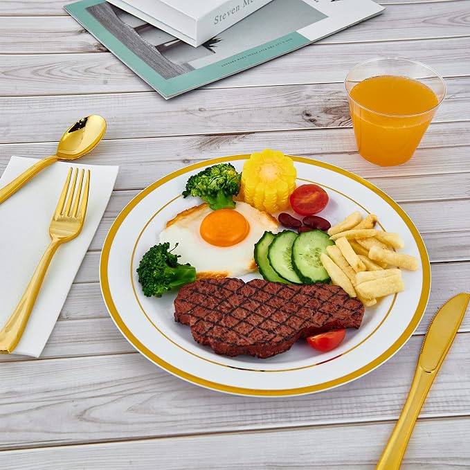 Vplus 100 Pack 10 in Gold Rimmed White Disposable Plastic Plates - Image 7