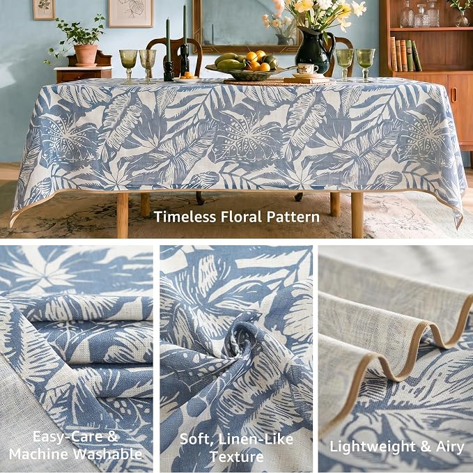 jinchan Blue Tropical Floral Linen Rectangle Table Cloth 50x84 | Large table - Image 3