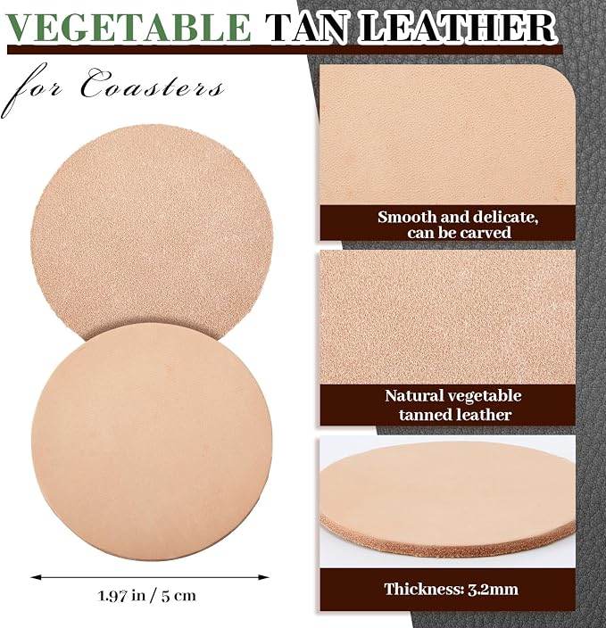 Bulyoou 50 Pcs Round Vegetable Tan Leather Coaster 2" Circular Tooling | Veg - Image 2