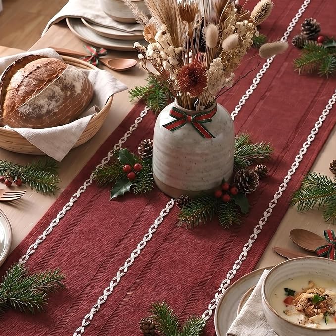 Artoid Mode Red Rustic Cotton Linen Christmas Table Runner, Seasonal - Image 3