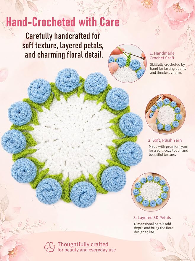 Crochet Flower Bouquet Coasters, Cotton Rose Gifts - Image 4
