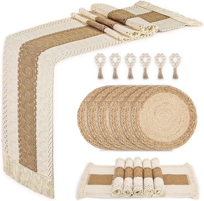 Placemats Set of 6 w/Charger Plates Table Mats Table Runner & Napkin Rings | - Image 9