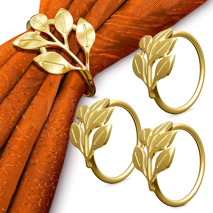 Gold Napkin Rings Set of 12, Leaf Design Metal Holders by Leglo