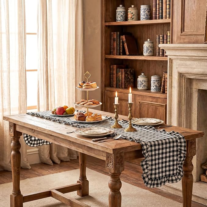HunnmingRe 1 Pc Gingham Table Runner White and Black, 118 X 13.8 Inch | Cotton - Image 8