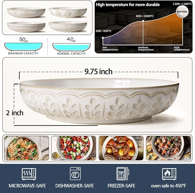 Pasta Bowls, 50oz Large Salad Serving Bowls, 9.75'' Plates Bowls Set of 4 - Image 3