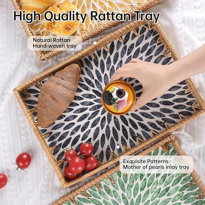 Rectangle Rattan Tray with Mother of Pearl Inlay, Rattan Serving Tray with - Image 3