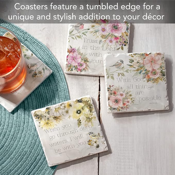Thirstystone Floral Scriptures 4 Pack Assorted Tumbled Tile Stone Coasters | 4" - Image 2