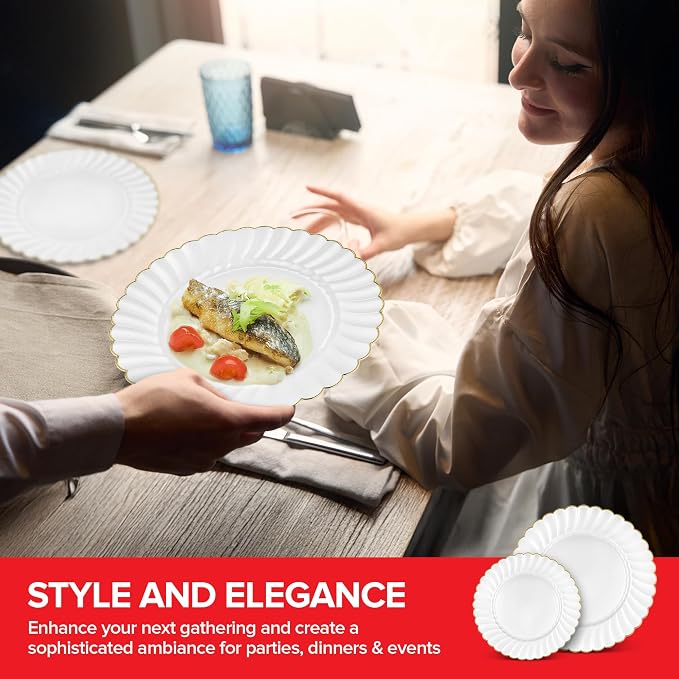 Stock Your Home 60 Pack – Elegant Ivory & Gold Scalloped Plastic Plates – - Image 7
