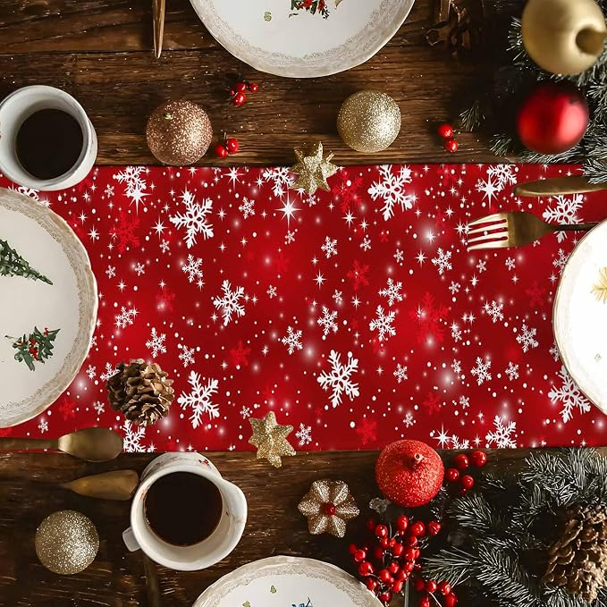 Red Christmas Short Table Runners 36 Inches, Cotton Linen Fabric Snowflake - Image 6