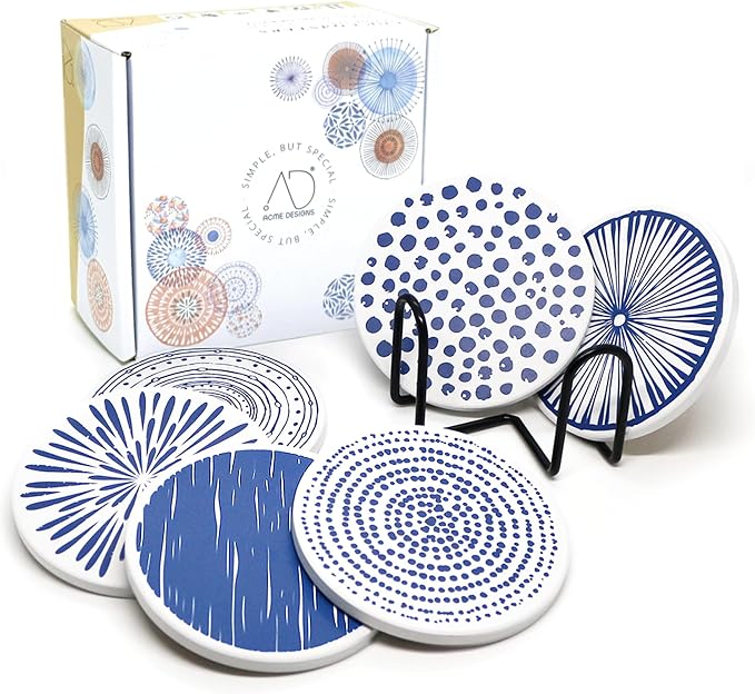 AD Set of 6 Coasters for Drinks Absorbing Round Ceramic Stone Coaster by AD