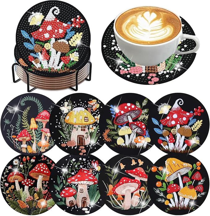8 PCS Mushrooms Diamond Art Coasters Kits Cute Diamond Painting Coaster | by Benjenes