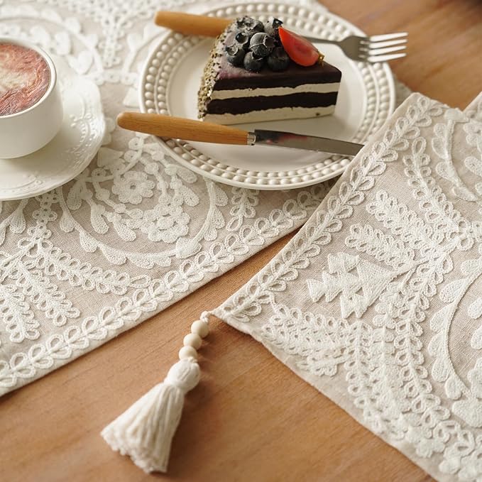 Long Table Runner Embroidered Rustic Decor, 4 Tassel Pendants, Holiday Display - Image 6