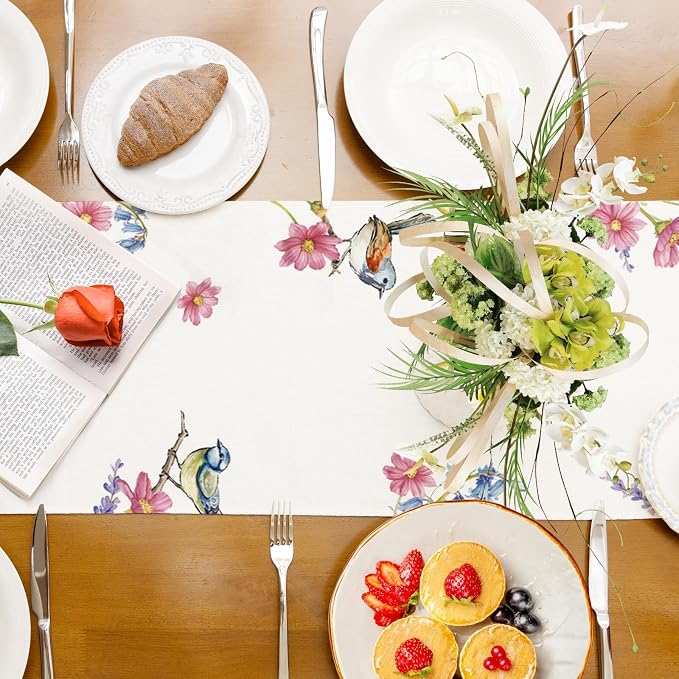 Summer Garden Floral Table Runner Birds Burlap Table Runners, Spring Lavender - Image 8