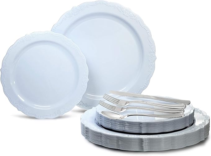 " OCCASIONS " 150 Piece set-Vintage Wedding Plastic Plates & cutlery by OCCASIONSFINESTPLASTICTABLEWARE