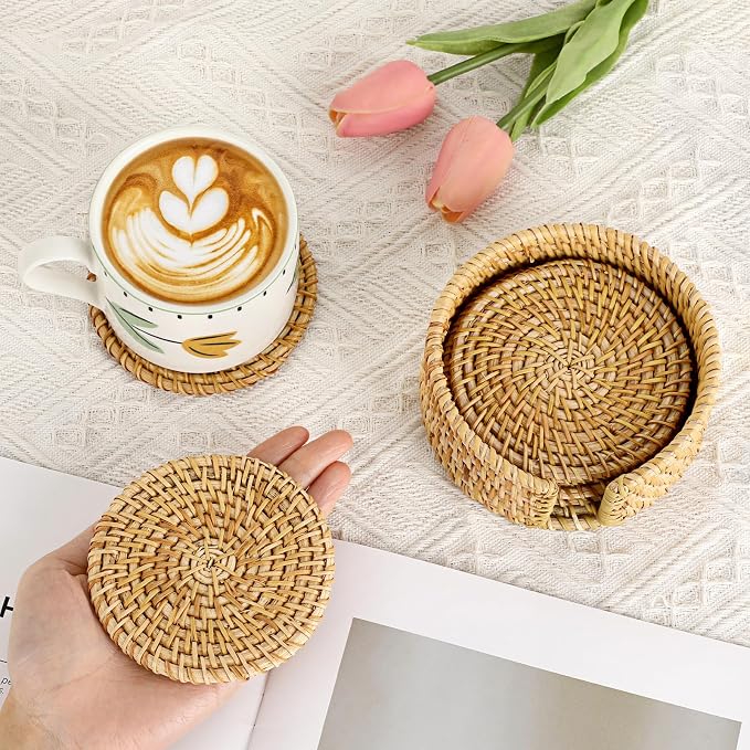Drink Coasters Set of 6, Handwoven Rattan Coasters - Image 5