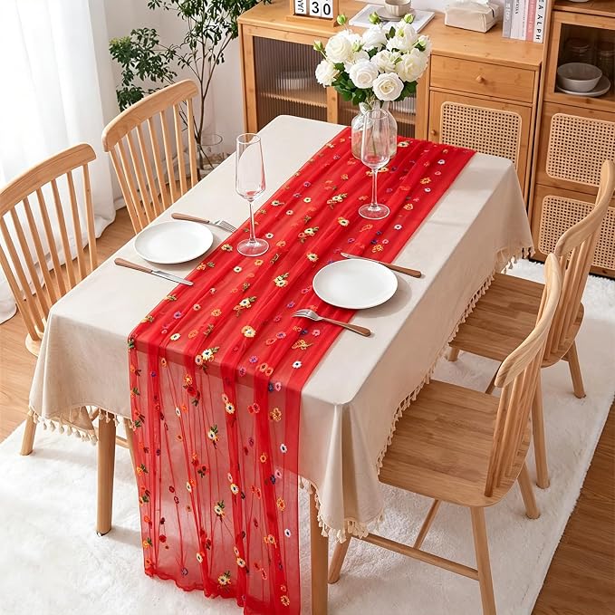 BINBE 1pcs Daisy Spring Table Runner Embroidery Gauze 10FT Florals Seasonal - Image 3