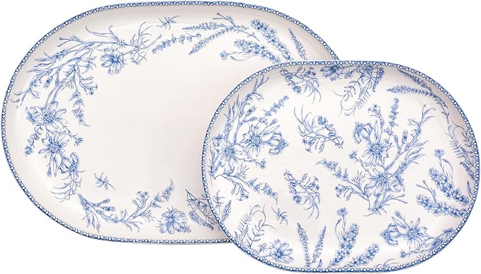 Bico Blue Garden Toile De Jouy 16 plus 12 inch Oval Platters Set, Microwave and by Bico