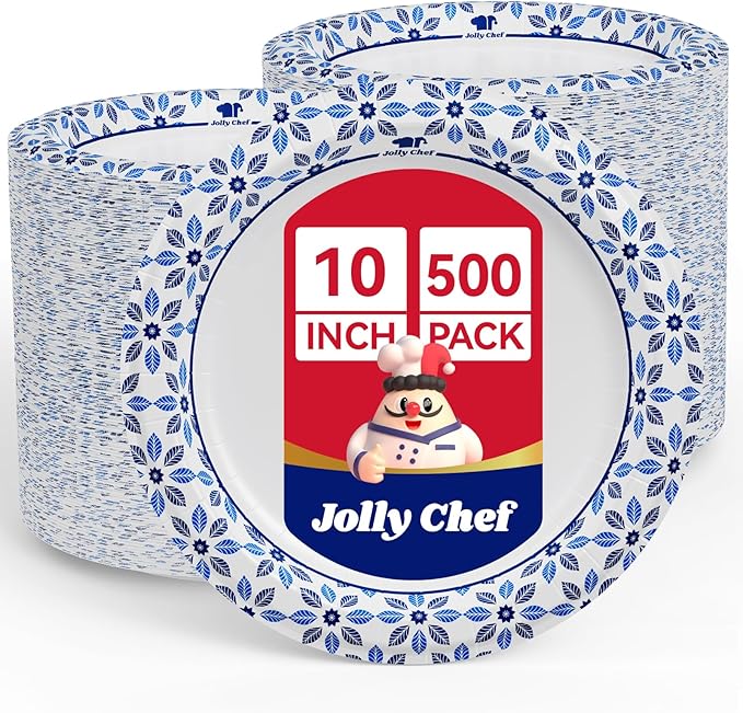 10 inch Disposable Paper Plates 500 Count | Soak Proof, Cut Proof, Heavy Duty by JOLLYCHEF