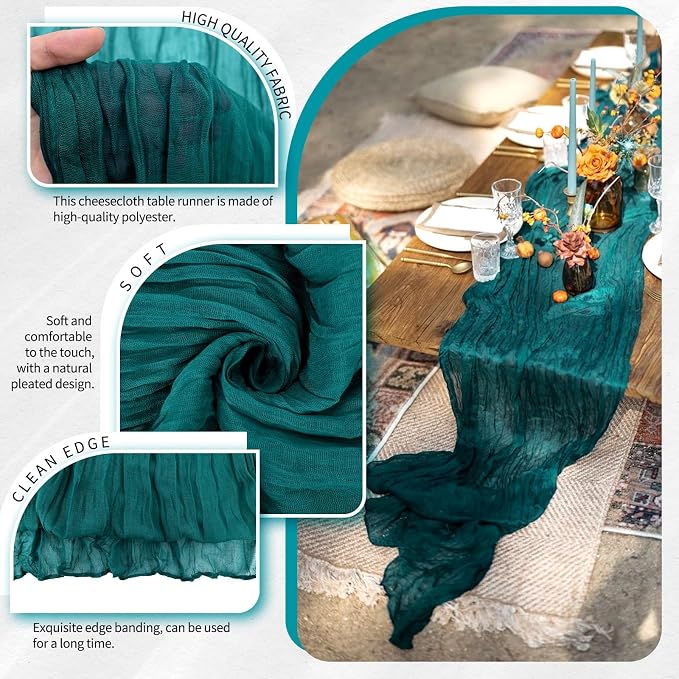 Showgeous 2 Pack Teal Cheesecloth Table Runners Boho Wedding Decor | Rustic - Image 3