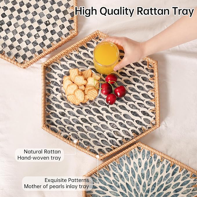 Hexagon Rattan Tray with Mother of Pearl Inlay, Rattan Serving Tray - Image 2