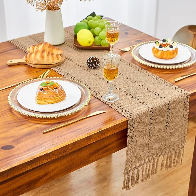 Boho Table Runner Fall Burlap Brown Coffee Table Decor 12x90 Inch | 90 Inches - Image 5