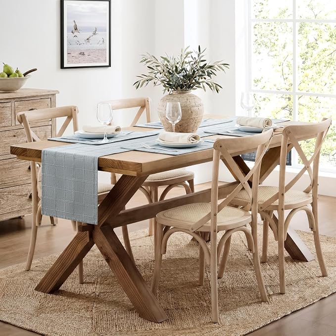 Linen Checked Farmhouse Table Runner, 13x36 Inches Chambray | Raised Grid Design - Image 3